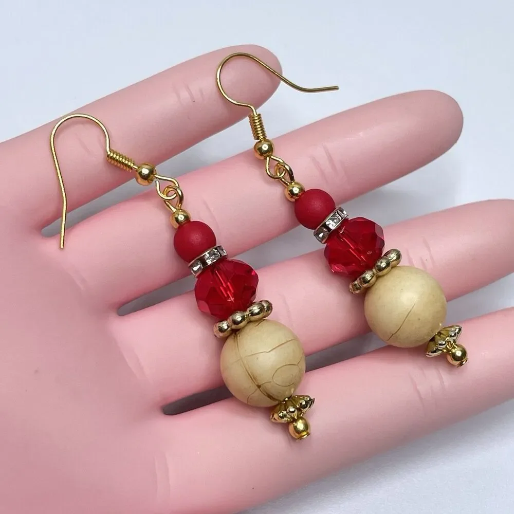Artisan Red Crystal Glass Wood Beaded Gold Tone Earrings Dangle Boho Unique